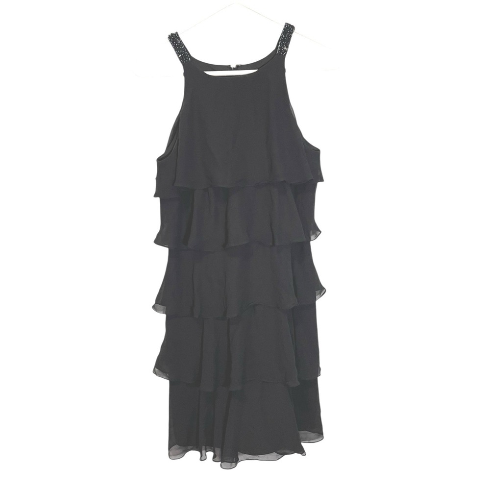 Expo Size 8 Black Tiered Chiffon Mini Dress Beaded Halter Ruffle Cocktail Glam